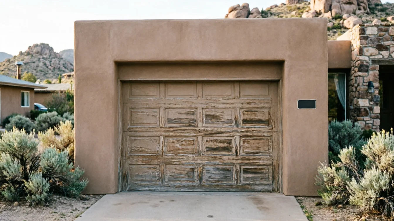 The garage door is weathered and peeling, set in a tan stucco house.