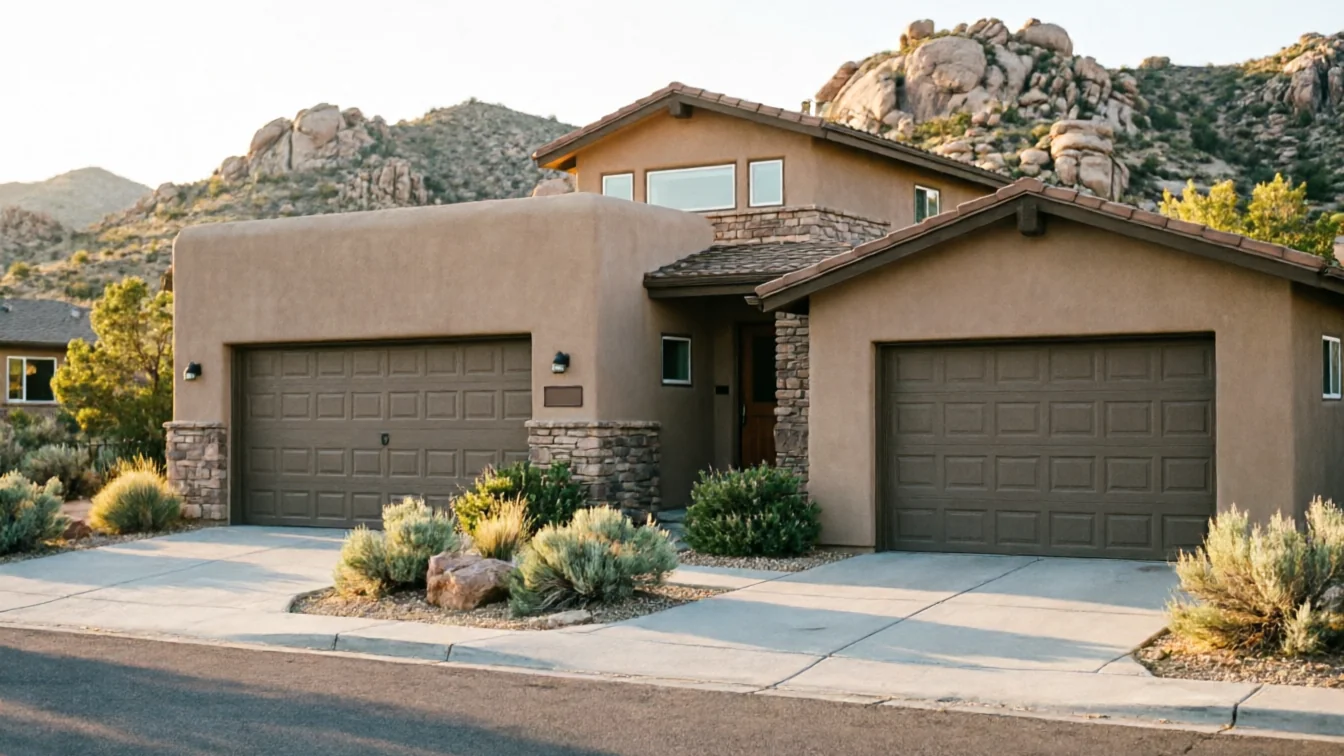 The house has two brown garage doors, a tan exterior, and a stone facade.